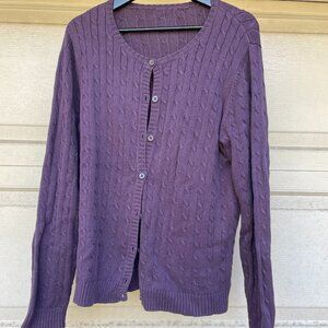 Purple 100% Cotton Cable Knit Cardigan Sweater Crew Neck Button Front Preppy L